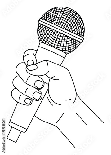 A human hand securely gripping a dynamic microphone, perfect for music, entertainment, public speaking, or media event promotions and related graphic materials