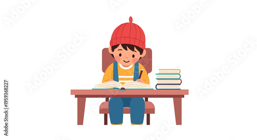 Boy wearing red hat sitting at desk.