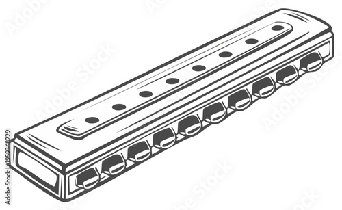 Black and white illustration of a harmonica, a portable musical instrument with holes for blowing