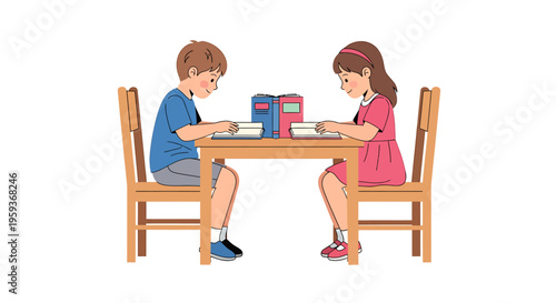 Children sitting at a table studying.
