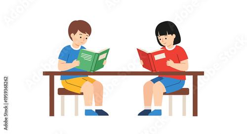 Two children reading books together.