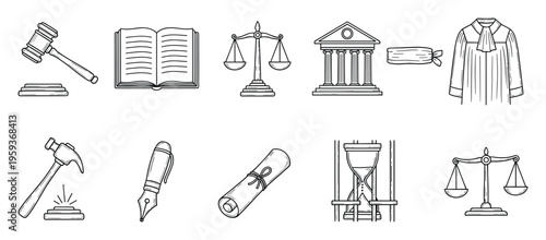 A comprehensive collection of handdrawn outline icons representing law and justice concepts including gavel, scales, courthouse, and legal documents, perfect for educational materials or