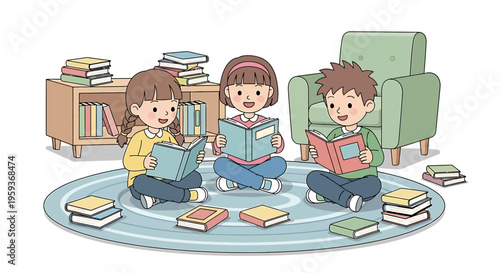 Children sitting on floor reading books.