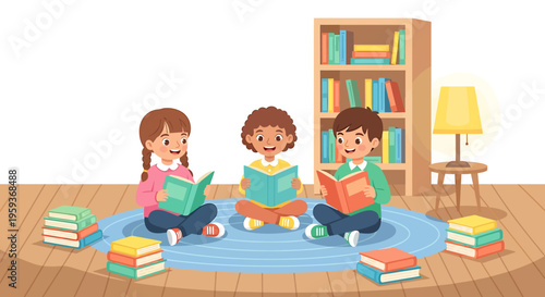 Children sitting on floor reading books.