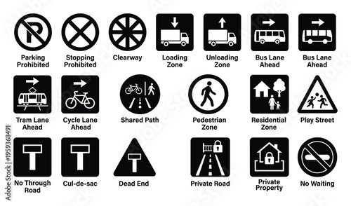 Comprehensive collection of essential black and white traffic and road signs, perfect for educational materials, driving school resources, urban planning presentations, and graphic design
