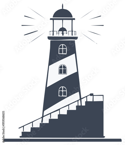 Silhouette illustration of a lighthouse with stairs, light beams, and nautical elements
