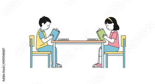 Two children reading at a table.