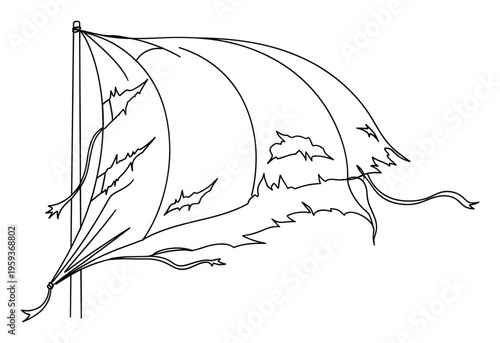 A worn and tattered flag or ship sail, presenting a feeling of distress or adventure, ideal for various graphic applications and historical themes