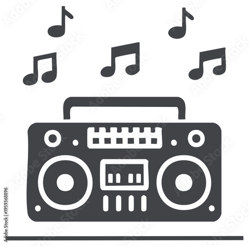 Vintage Boombox Radio With Musical Notes Floating Above Simple Minimalist Icon Style Illustration