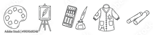 Creative drawing and painting supplies including a palette, easel, crayons, quill inkwell, smock, and rolled papers, for educational content and hobby promotions.