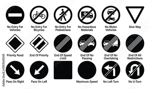 Road signs collection for traffic regulations, driving rules, and transportation safety, perfect for educational materials, driving schools, and public information campaigns