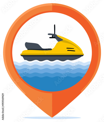 Yellow Jet Ski on Water in Orange Map Pointer Location Icon Design
