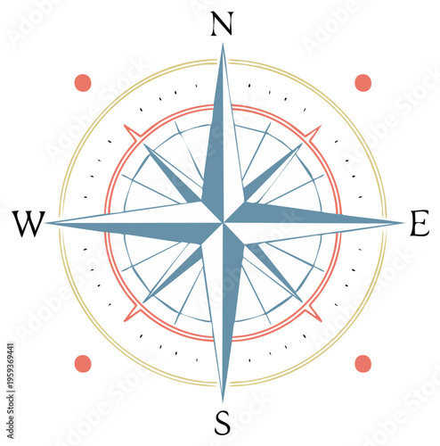 Illustration of a classic navigational compass with design elements and directions