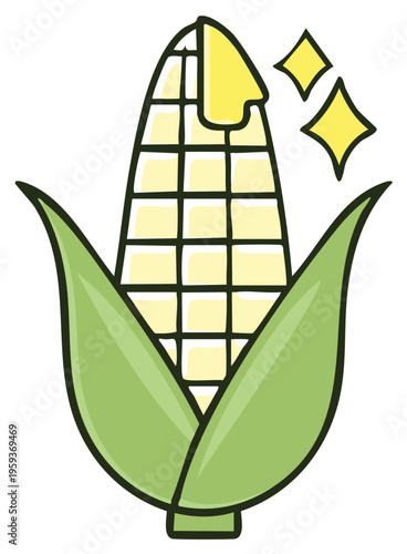 Cute cartoon illustration of corn on the cob with sparkling melting butter