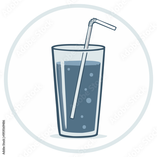 Tall glass of cold dark blue beverage with straw and bubbles in a circle