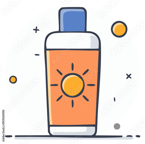 Vibrant sunscreen bottle illustration with a warm sun icon ideal for summer beach protection