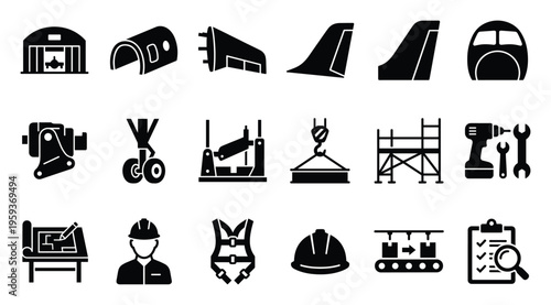 Collection of aerospace manufacturing, aircraft engineering, and maintenance process icons suitable for industry presentations, technical documentation, and production lifecycle flowcharts