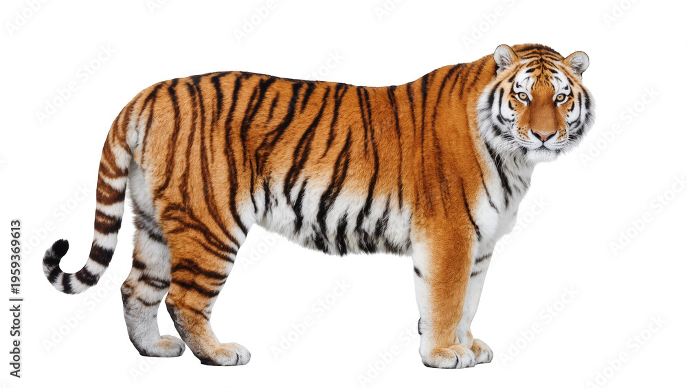 Obraz premium Majestic adult Amur tiger standing with piercing eyes looking directly at the viewer