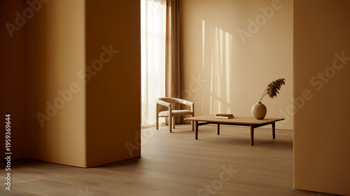 Minimalist living room interior design with a wooden lounge chair and coffee table decorated with a ceramic vase under warm natural sunlight creating a peaceful and serene home atmosphere