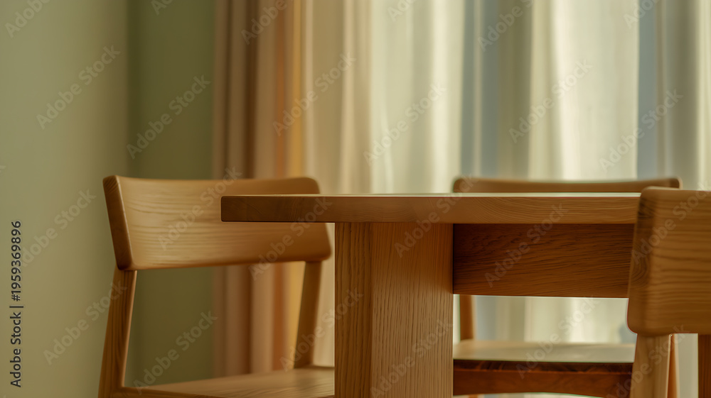 Fototapeta premium Minimalist modern wooden dining table and chairs set in a brightly lit contemporary room with soft natural light and clean lines for home interior design and residential living background