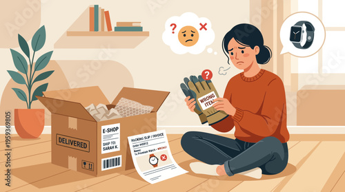 Disappointed Woman Receiving Wrong Item from Online Shopping Order