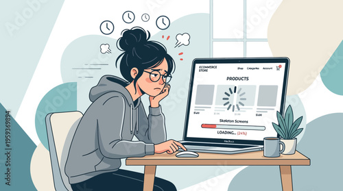 Frustrated woman waiting for slow loading ecommerce website