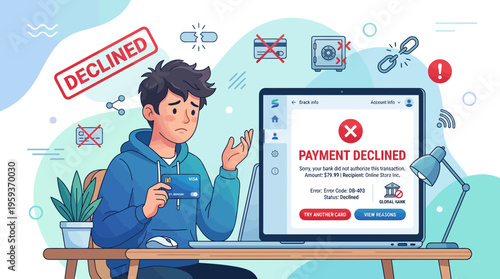 Frustrated Young Man with Declined Credit Card Payment on Laptop