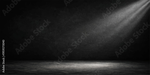 Empty room with spotlights in a dark black and white interior featuring a grunge concrete wall and vintage textured grey stone floor for an old blank backdrop design