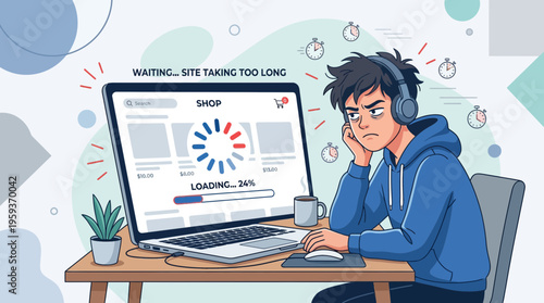 Frustrated Young Man Waiting for a Slow Website to Load on Laptop