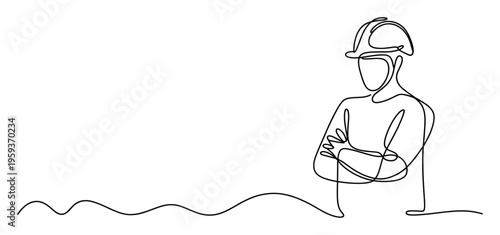 Continuous line drawing of a professional construction engineer or architect wearing a hard hat with crossed arms, perfect for industrial safety and professional services presentations.
