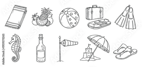 Diverse collection of summer vacation and beach holiday essentials including travel gear, water sports equipment, and leisure items ideal for seasonal advertising and travelrelated content.