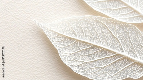 Elegant botanical design with delicate white leaves and intricate veining on a soft beige backdrop.
