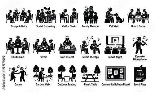 Comprehensive collection of senior lifestyle activities illustrating social gatherings, games, arts, music, outdoor recreation, and community events, ideal for elderly care and retirement
