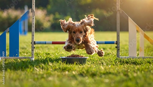 A fluffy, brown dog mid-air, leaping over a jump during an agility course, bowl below. Sunlight illuminates green grass