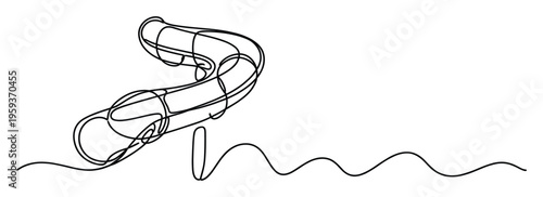 Continuous line drawing of a modern water slide or pipeline structure with a wavy base line, ideal for conveying movement, leisure, and aquatic entertainment in graphic projects
