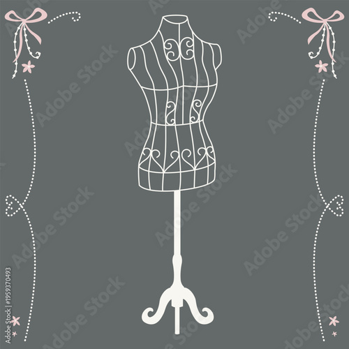 Female dressmaking wire decorative mannequin with base stand. Tailor dummy torso. Stylish vintage mannequins. Professional display model, body form for clothing and studio decoration. 