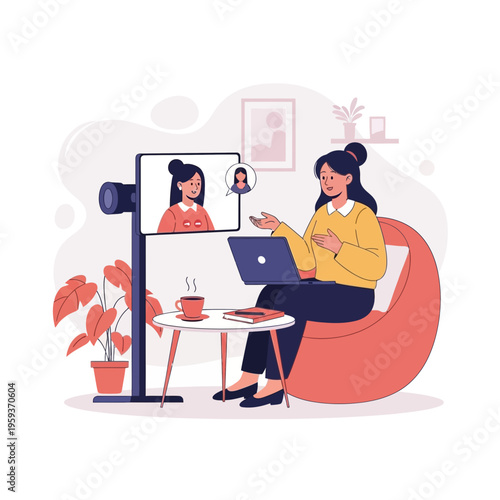 Woman sitting on a bean bag chair video conferencing with someone on her laptop and phone.