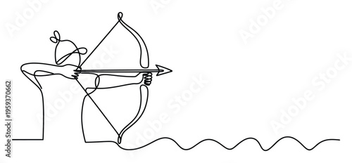 Single continuous line drawing of an archer with a bow and arrow aiming forward, symbolizing focus, determination, and achieving goals, ideal for sports, business, or motivational themes.