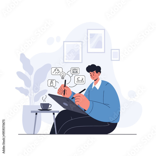 A man sits on the floor working on a digital tablet with a stylus and surrounded by thought bubbles in a cozy indoor environment.