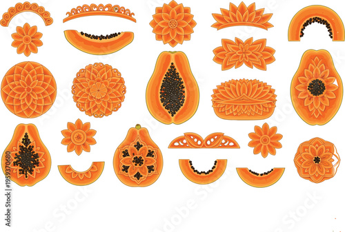 Decorative papaya fruit mandala vector set with intricate floral patterns tropical elements abstract boho style design collection in vibrant orange tones