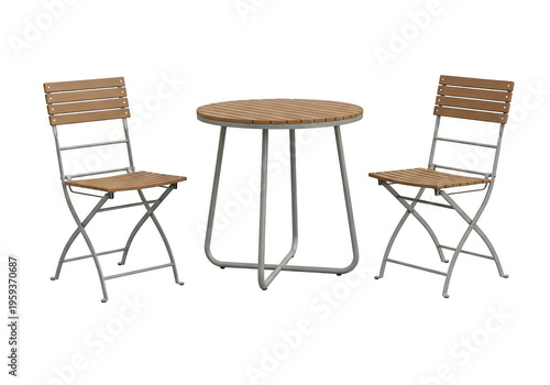 A small round bistro table with two matching slatted wooden folding chairs for outdoor settings