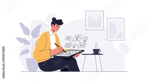 A woman sits on floor with laptop and coffee in modern room