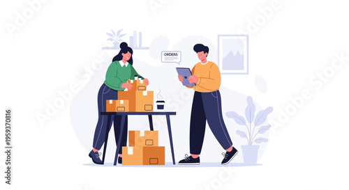 Two people working together, woman packing boxes, man holding tablet, in an office with plants, illustrating teamwork and organization.