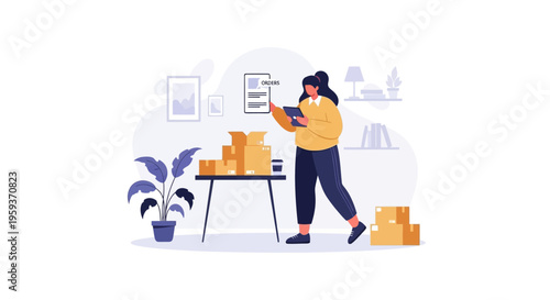 A woman stacks boxes on a table in an office environment.