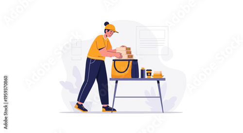 Delivery man places food and drinks on outdoor table