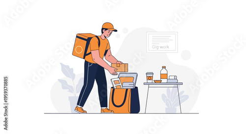 Delivery man handing food to customer at table outdoors quickly