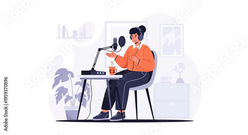 A woman sits at a desk with a laptop and microphone in a home office.