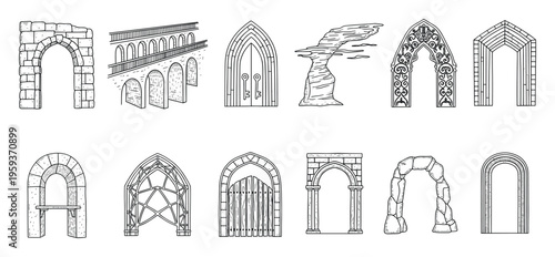Versatile collection of architectural archways and gateways in various historical and natural styles ideal for game development or historical graphic illustrations