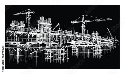 Complex infrastructure bridge under construction featuring multiple tower cranes, scaffolding, and busy workers, ideal for showcasing civil engineering projects or urban development