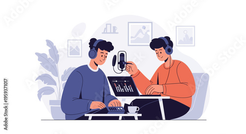 Engaged male hosts collaborating on a vibrant podcast recording session, capturing engaging audio content for a digital audience in a modern studio setting